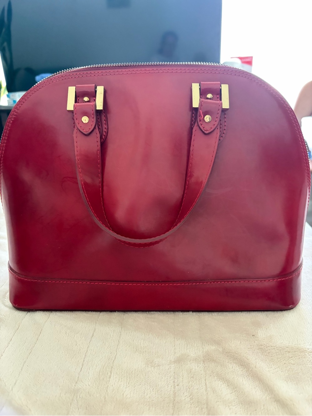 Alberta Di Canio Red Leather Dome Satchel with Gold Hardware